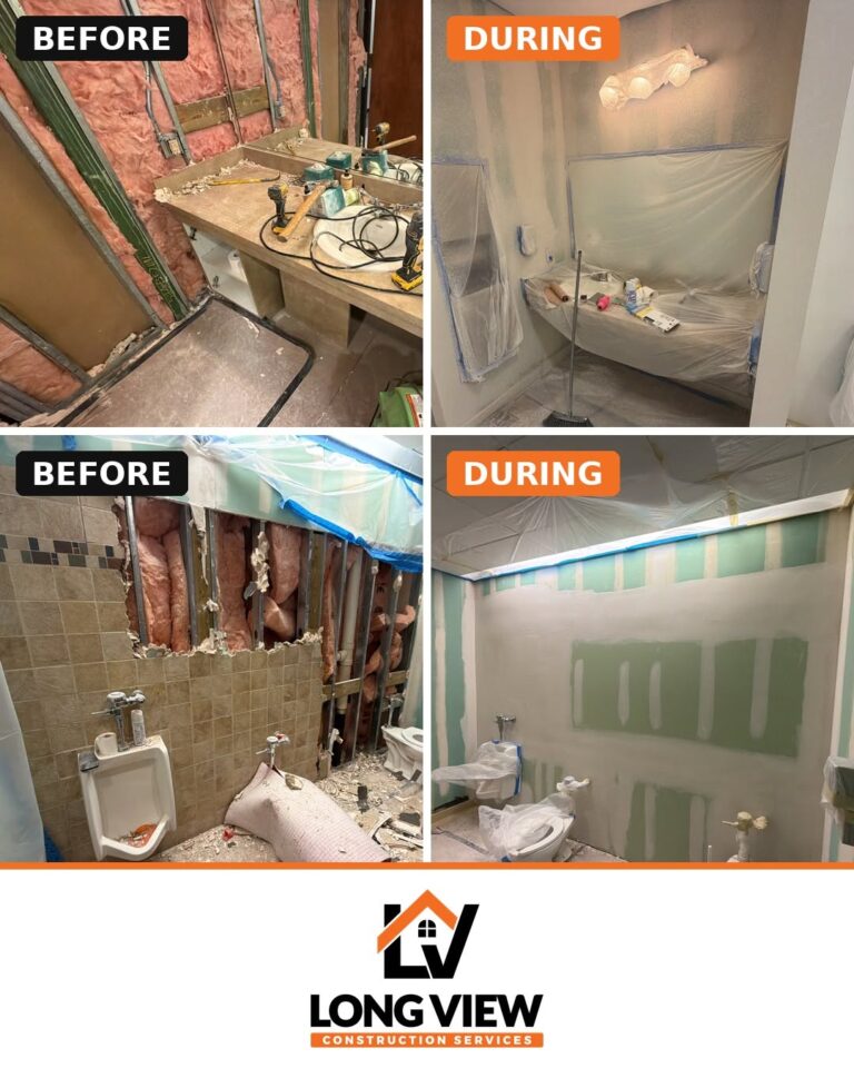 Commercial restroom demolition and drywall progress, Long View Construction