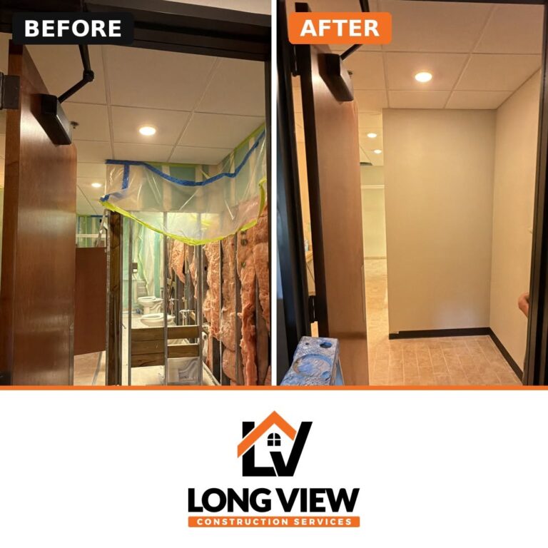 Commercial restroom entry before and after renovation, Central Texas